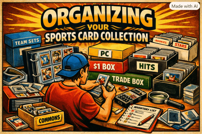 Organizing Your Sports Card Collection – Featured Image Comic‑style illustration of a collector organizing sports cards into labeled boxes and binders under the title “Organizing Your Sports Card Collection.”