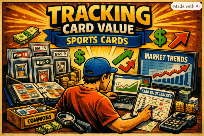 Tracking Card Value Sports Cards – Featured Image Comic‑style illustration of a collector analyzing sports card values on a laptop and spreadsheet, surrounded by graded slabs, dollar signs, and market trend charts under the title “Tracking Card Value Sports Cards.”