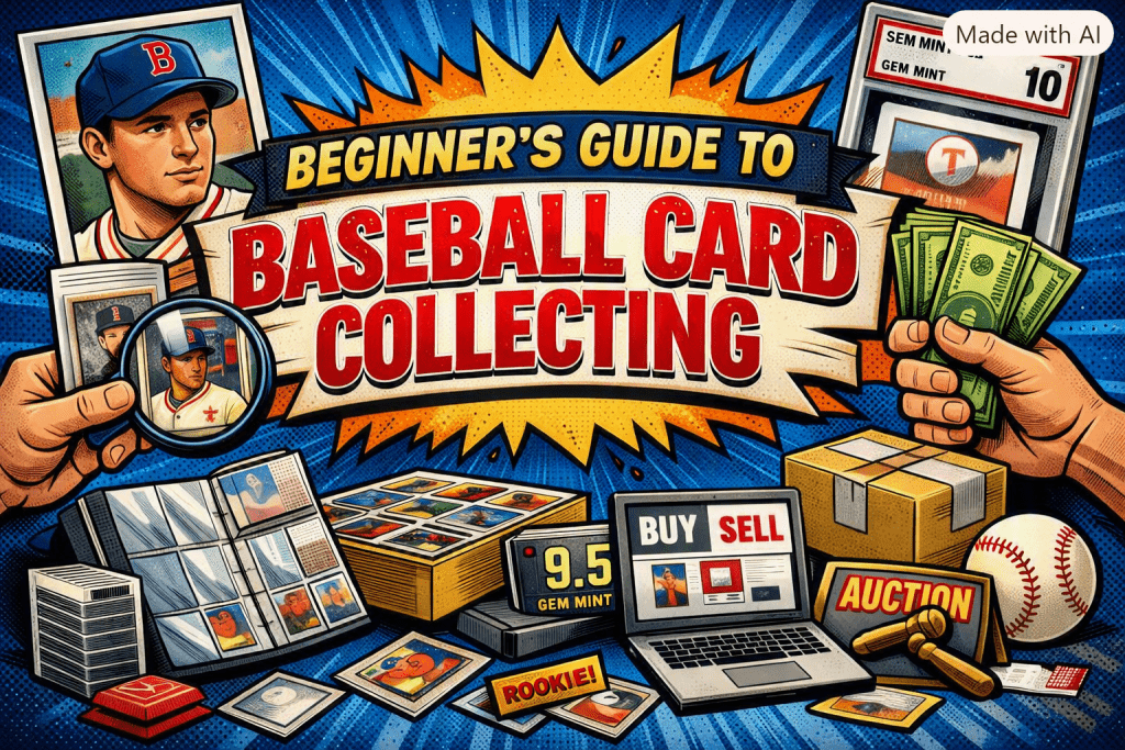 Comic‑style illustration showing baseball cards, grading slabs, money, and supplies under the title “Beginner’s Guide to Baseball Card Collecting.”