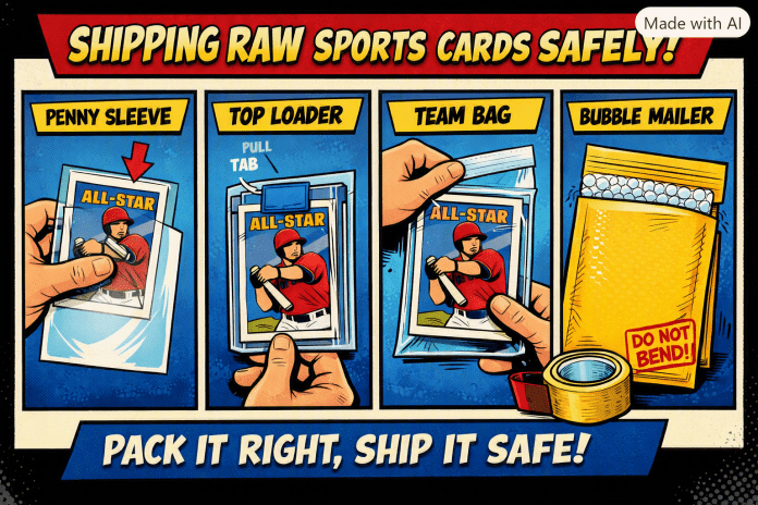 How to Ship Raw Sports Cards Safely – Infographic Comic‑style infographic showing the step‑by‑step process for shipping raw sports cards: penny sleeve, top loader, team bag, and bubble mailer.