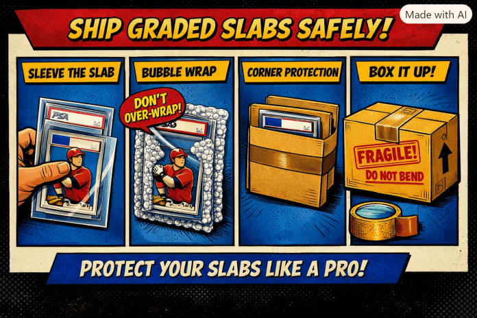 How to Ship Graded Slabs Safely – Infographic Comic‑style infographic showing the process of shipping graded slabs safely: sleeve, bubble wrap, cardboard protection, and box sealing.