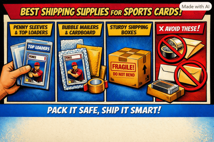 Best Shipping Supplies for Sports Cards – Infographic Comic‑style infographic showing essential shipping supplies for sports cards: sleeves, top loaders, cardboard, bubble mailers, and tape.
