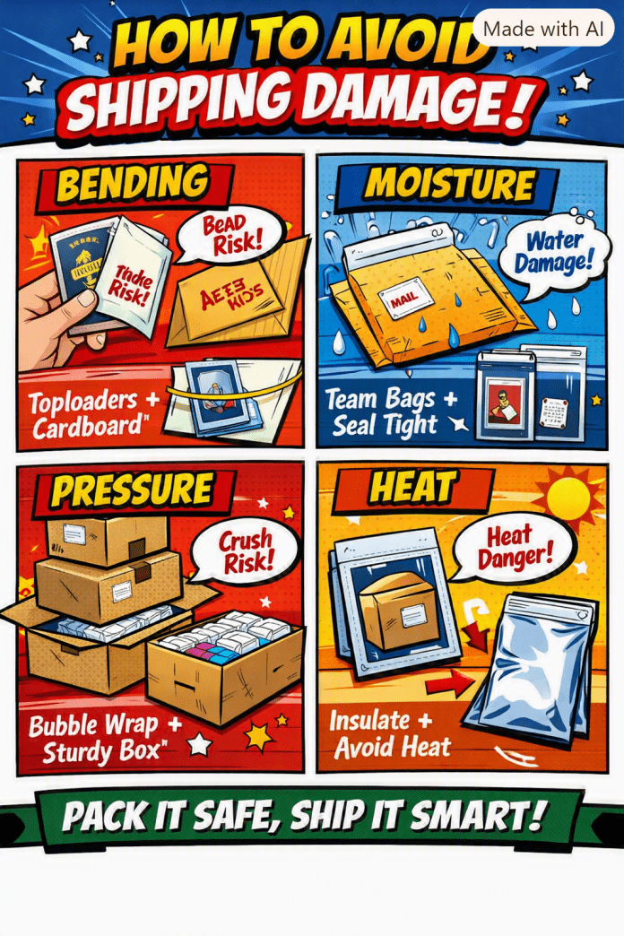 How to Avoid Shipping Damage – Infographic Comic‑style infographic showing common shipping damage risks and how to prevent bending, moisture, pressure, and heat exposure.