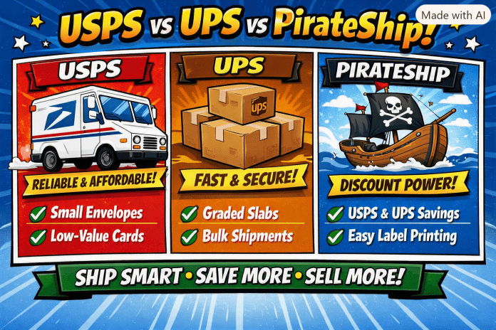 USPS vs UPS vs PirateShip – Infographic Comic‑style infographic comparing USPS, UPS, and PirateShip for sports card sellers — showing cost, speed, and reliability differences.