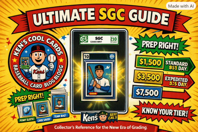 Comic‑style featured image for the Ultimate SGC Guide showing the Ken’s Cool Cards logo, an SGC slab, bold comic bursts, declared value tiers, and submission prep icons in a bright yellow and red retro trading‑card design.