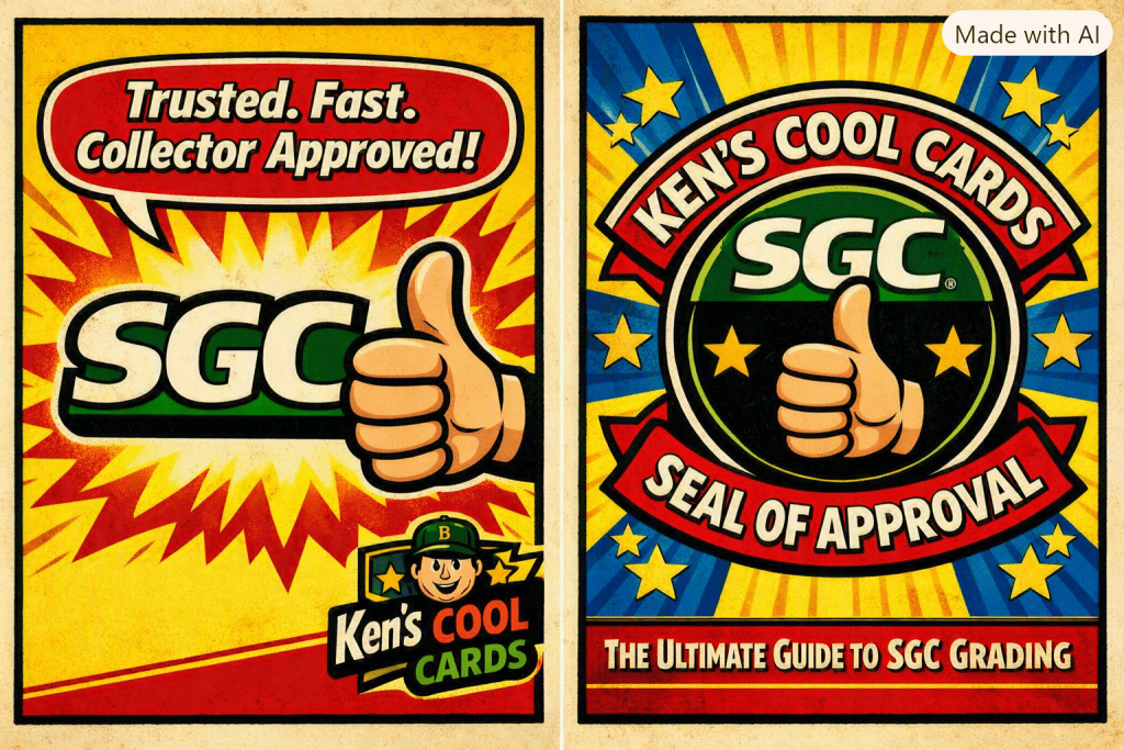 Comic‑style image showing the SGC logo with a large thumbs‑up and the phrase “Trusted. Fast. Collector Approved!” in a retro Topps design featuring the Ken’s Cool Cards logo.