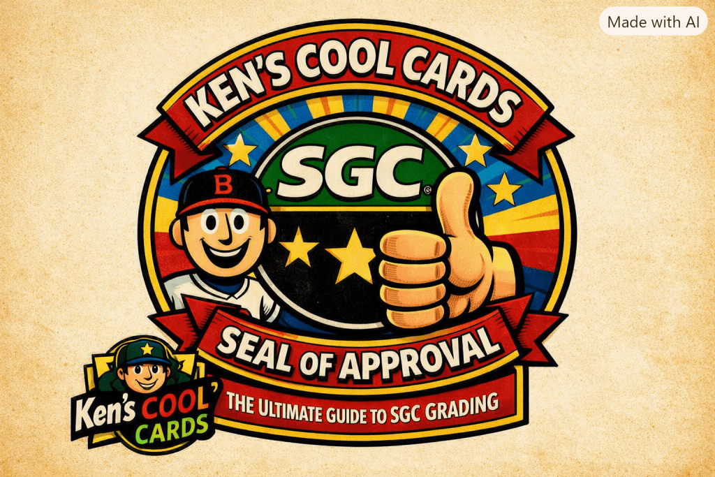 Comic‑style badge showing the SGC logo with a thumbs‑up inside a circular seal labeled “Ken’s Cool Cards Seal of Approval” and “The Ultimate Guide to SGC Grading.”