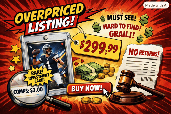 Comic‑style graphic showing an overpriced Bryce Young trading card labeled “Investment Card” with exaggerated price tag and hobby buzzwords.